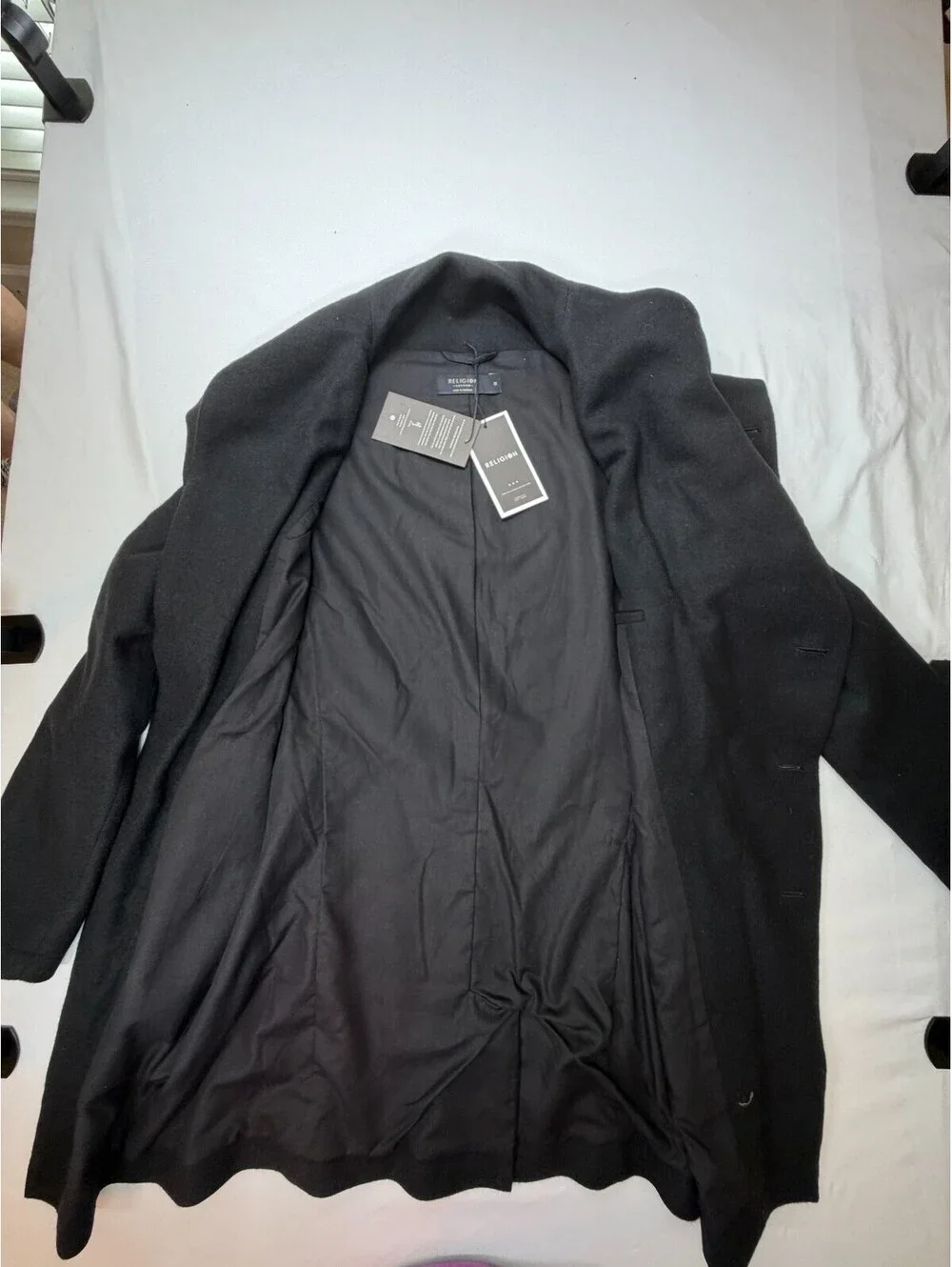 Religion Men's Pea Coat Single Breasted Solid Pocket Lined Long Size M Black NWT